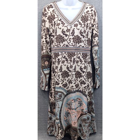 WHITE MARK Dress  - Brown Floral Pattern, Long Sleeve, Pull Over, V-Neck, M, NWT - Picture 1 of 5
